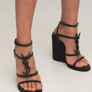 $ 1350 YSL SAINT LAURENT  Cassandra Black Wedge Sandal (40)